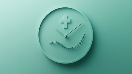 Teal Minimalist 3D Render of a Clock with a Medical Cross on a Subtle Green Background