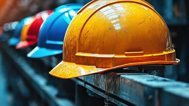 Safety First: A close-up shot showcases a row of vibrant, colorful hard hats lined up on a construction site, representing safety and industry.