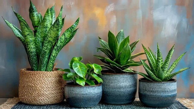 Indoor Plants Collection: Snake Plants, ZZ Plants, and Philodendron in Stylish Pots