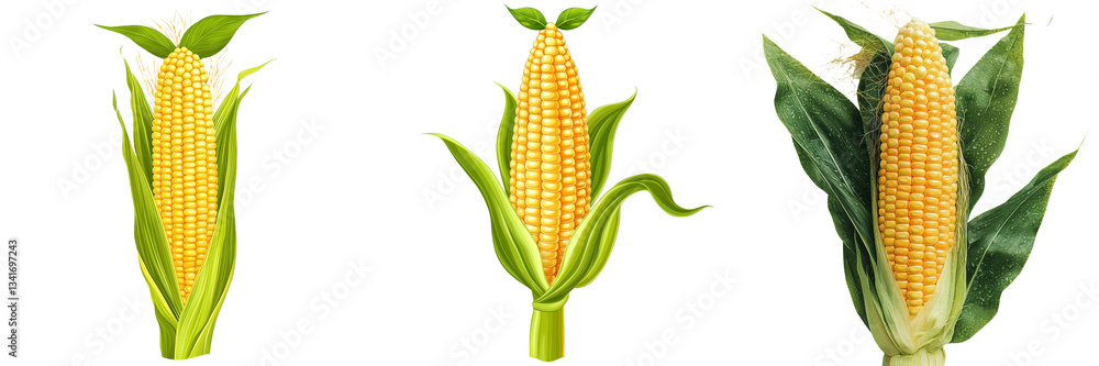 Poster Yellow corn on the cob is isolated on a transparent background, a product of Generative Ai