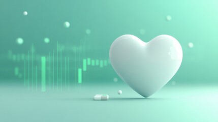 White 3D Heart with Capsule and Green Data Chart on Mint Background