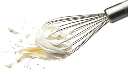 Whisk attachment loaded with whipped cream on a neutral surface