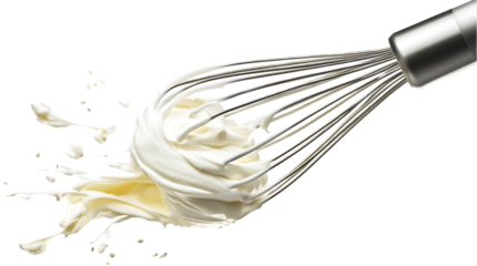 Whisk attachment loaded with whipped cream on a neutral surface