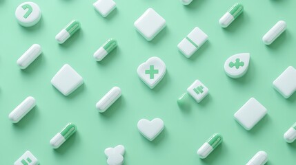 White and Green Medical Pills and Capsules Pattern on Mint Green Background