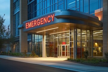 Hospital exterior with brick wall and metal beams with large red "EMERGENCY" sign