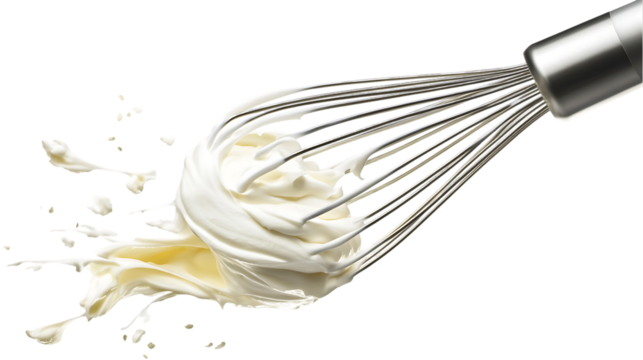 Whisk attachment loaded with whipped cream on a neutral surface