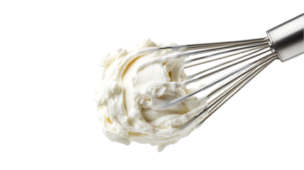Whisk covered in thick white cream preparation on black background