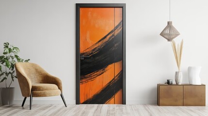 Artistic orange abstract door design modern living room interior decor minimalist space eye-level view creative aesthetics