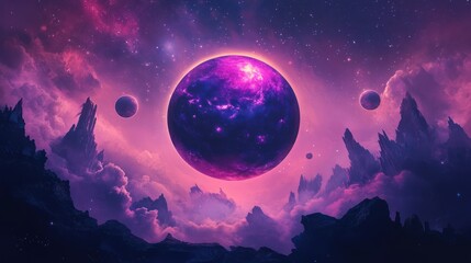 Obraz premium A mystical purple and pink planet silhouette with a glowing mist and ethereal floating islands