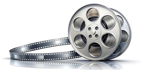 Obraz premium Silver film reel with a white background