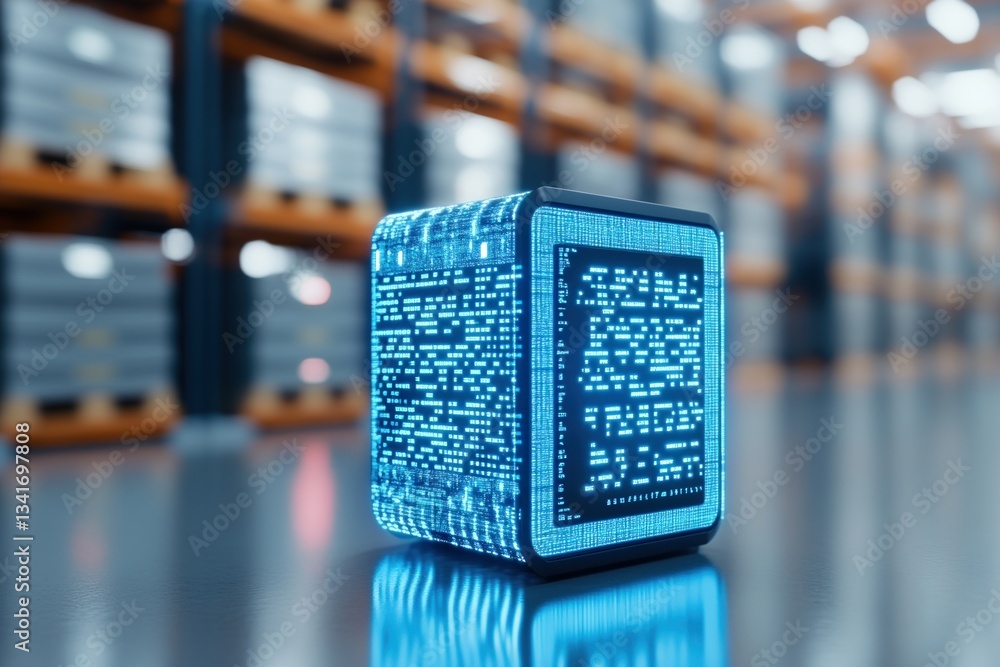 Poster warehouse's data cube: a glowing data cube with qr code sits in a modern warehouse, symbolizing smar