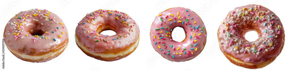 Poster on a transparent background, a pink donut adorned with sprinkles has been created using generative a