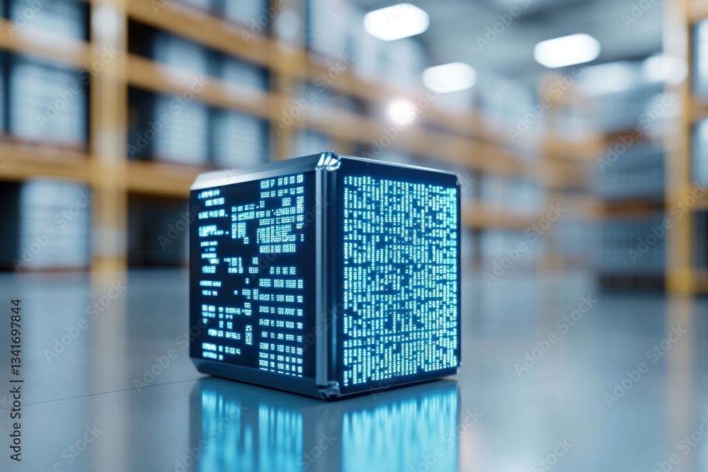 Poster data cube in warehouse: a futuristic data cube glows with digital information, positioned in a vast 