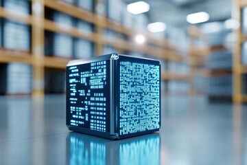 Data Cube in Warehouse: A futuristic data cube glows with digital information, positioned in a vast warehouse environment, symbolizing data management, logistics.