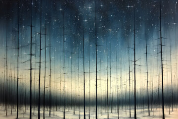 An abstract representation of a night sky filled with stars, with the silhouette of trees in the forest, creating a tranquil and mysterious atmosphere