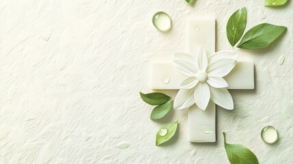 White Cross with Flower and Leaves on a Textured Background