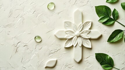White Embossed Floral Cross on Textured Background with Green Leaves