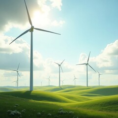 Wind turbines in a scenic landscape with green hills and a cloudy sky.