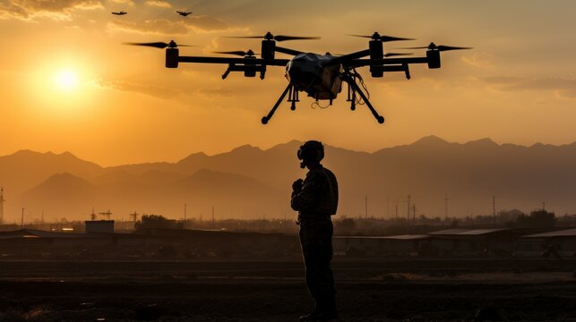 Silhouette of a soldier maneuvering drones for military combat and surveillance operations