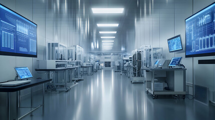 Depiction of a sophisticated technology lab featuring advanced systems and digital interfaces