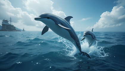 Fototapeta premium Dolphins represent freedom, energy, and positivity, and a mid-air leap is highly dynamic—perfect for ocean-themed and adventure-based visuals.