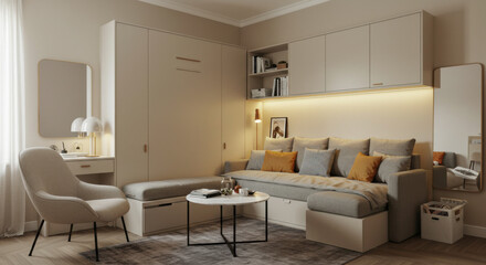 a small apartment living room maximizing space with clever storage solutions
