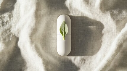 White Pill with Green Leaf on Textured Fabric and Newspaper Background