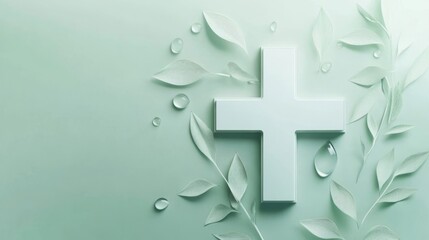 White Plus Sign with Green Leaves and Water Drops on Pastel Green Background