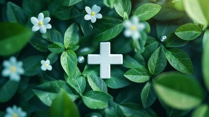 White Plus Sign Among Lush Green Leaves and Delicate White Flowers