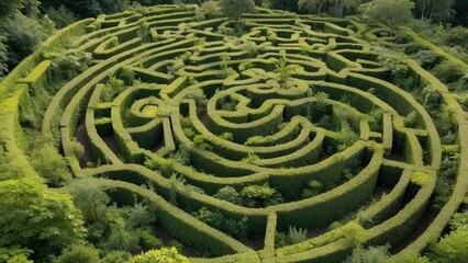 Naklejka premium Aerial view of a lush green hedge maze featuring intricate,