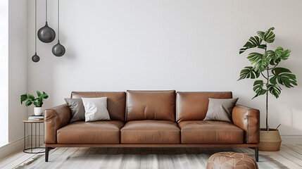 Living room interior in beige with wooden shelf, sofa, decorative flowers on a beige wall. Simple modern house interior design concept.