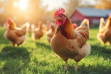 Fototapeta premium vibrant hen stands proudly in a sunlit farmyard, surrounded by fellow chickens and rustic barns