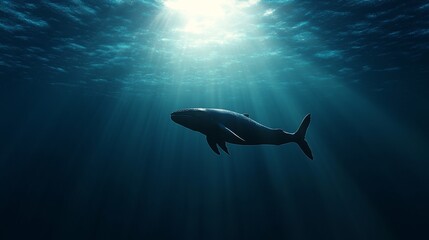 Whale Silhouette in Sunlit Ocean Depths - A lone whale gracefully swims through deep ocean water, sunlight illuminating it from above. Symbolizing freedom, mystery, serenity