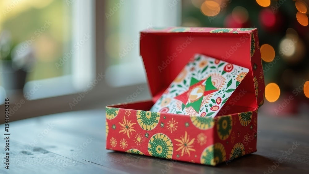Poster red box with a green and yellow design sits on a table. inside the box is a card with a christmas tr