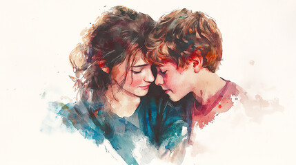 Tender watercolor depiction of siblings reuniting with a loving embrace
