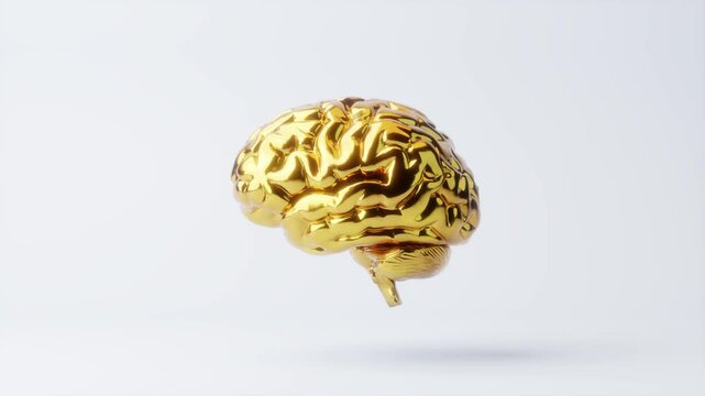 Golden Brain. Golden model rotating on white background.
