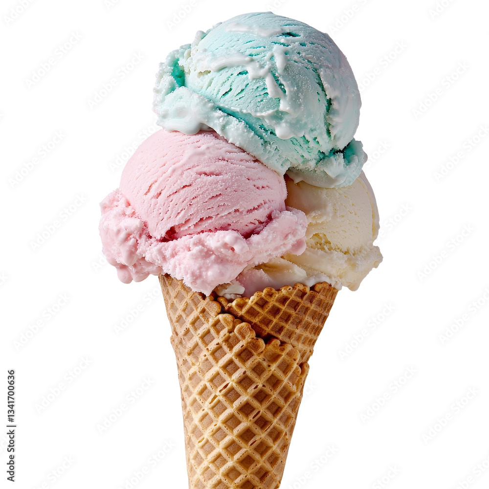 Aufkleber a wafer cone filled with colorful ice cream scoops is isolated on a transparent background and made 