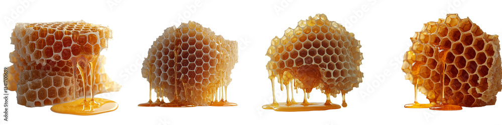 Poster Isolated on a transparent background, a Generative Ai image features golden honeycomb dripping with honeycomb