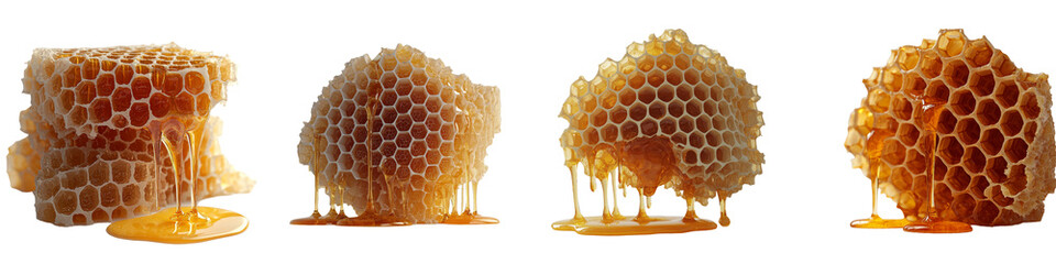 Isolated on a transparent background, a Generative Ai image features golden honeycomb dripping with honeycomb