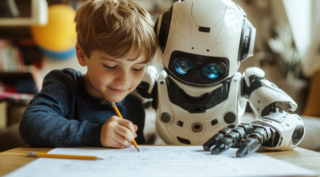 A schoolboy relies on a robot assistant for homework help, intelligent learning technology
