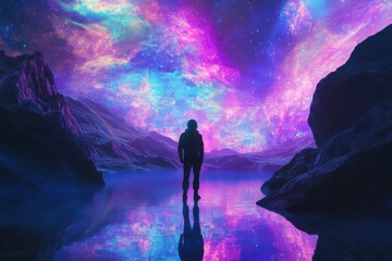 Fototapeta premium Lone Cosmonaut Gazing into the Distance Against a Stunning Cosmic Landscape in Tranquility