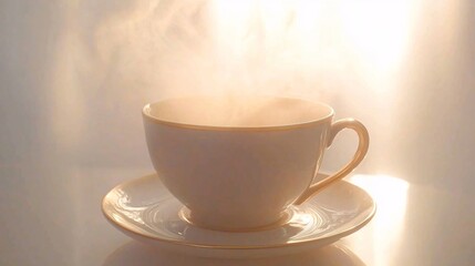 Fototapeta premium coffee cup on a saucer with steam rising, set against a soft-focus background of warm sunlight and cozy atmosphere. Coffee cup, saucer, steam, soft-focus, sunlight, glowing, peaceful, cozy, 