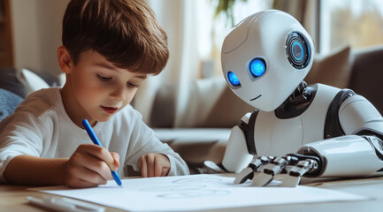 A schoolboy gets homework assistance from a robot, merging traditional learning with AI