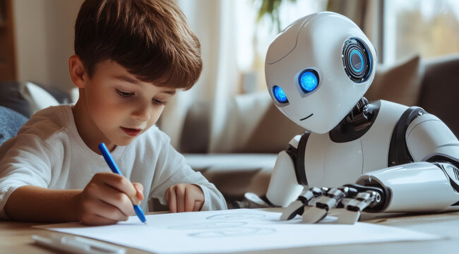 A schoolboy gets homework assistance from a robot, merging traditional learning with AI