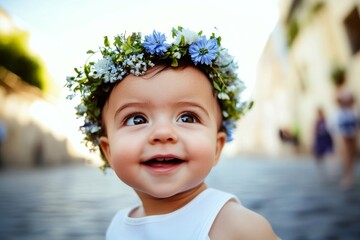 Happy sunny days holidays conceptual art. Sunny daylight. Smiling middle eastern infant boy with tt hair wearing blue flower crown on his head. Happy boy in a flower field. Summer joy for kids.