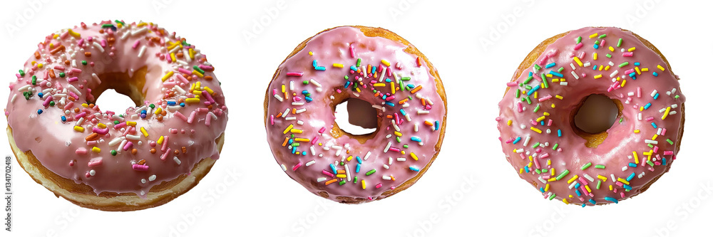 Poster sweet strawberry glazed donuts, complete with sprinkles, are shown on a transparent background in a 
