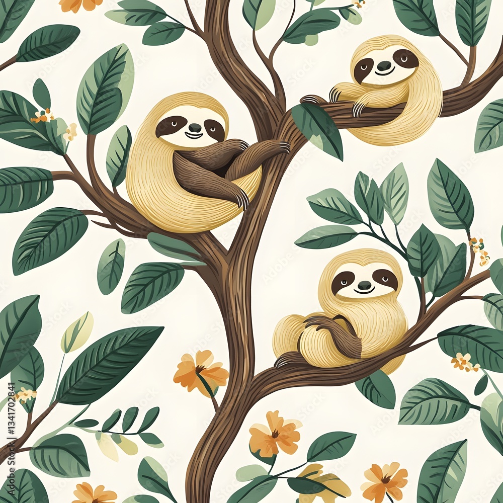 Poster a repeating pattern of adorable sloths lounging on tree branches with a soft tropical backdrop.