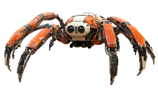 Orange and white robot spider with large eyes stands forward