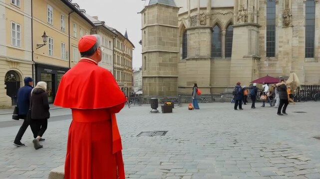 Cardinal wearing red robes standing motionless, watching pedestrians moving through church courtyard