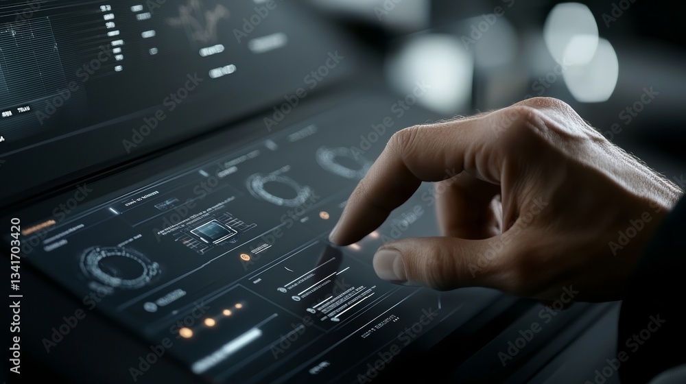 Poster futuristic user engages with holographic control panel displaying cyber threat analytics in a high-t